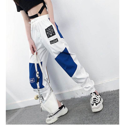 High Waist Letter Spliced Cargo Pants Women Loose Harajuku - Mubimart