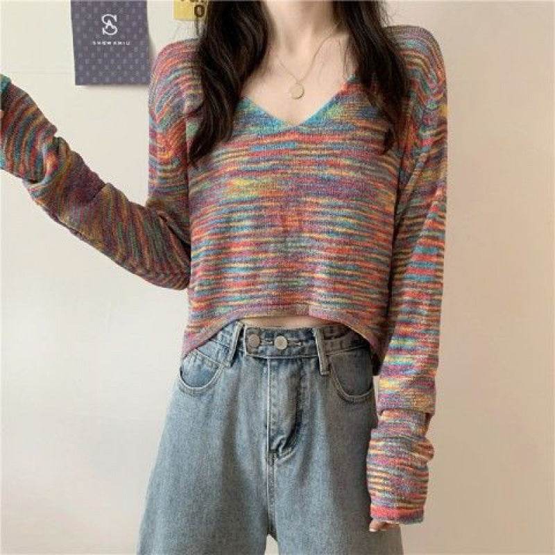 Women Fashion V Neck Tie-dyed Long Sleeve Crop Top - Mubimart