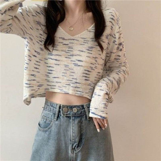 Women Fashion V Neck Tie-dyed Long Sleeve Crop Top - Mubimart