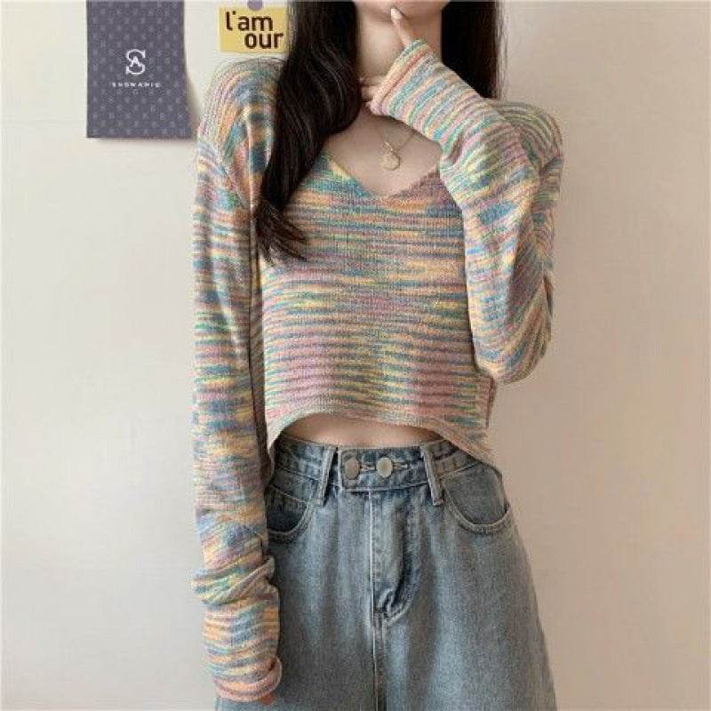 Women Fashion V Neck Tie-dyed Long Sleeve Crop Top - Mubimart