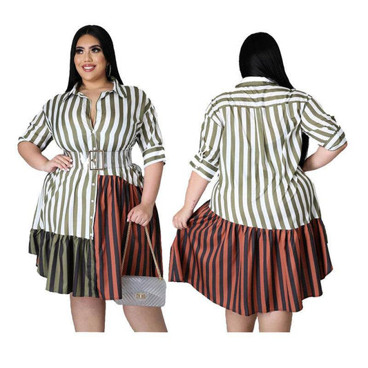 Printed Multicolor Stitching Plus Size Ladies Shirt Dress - Mubimart