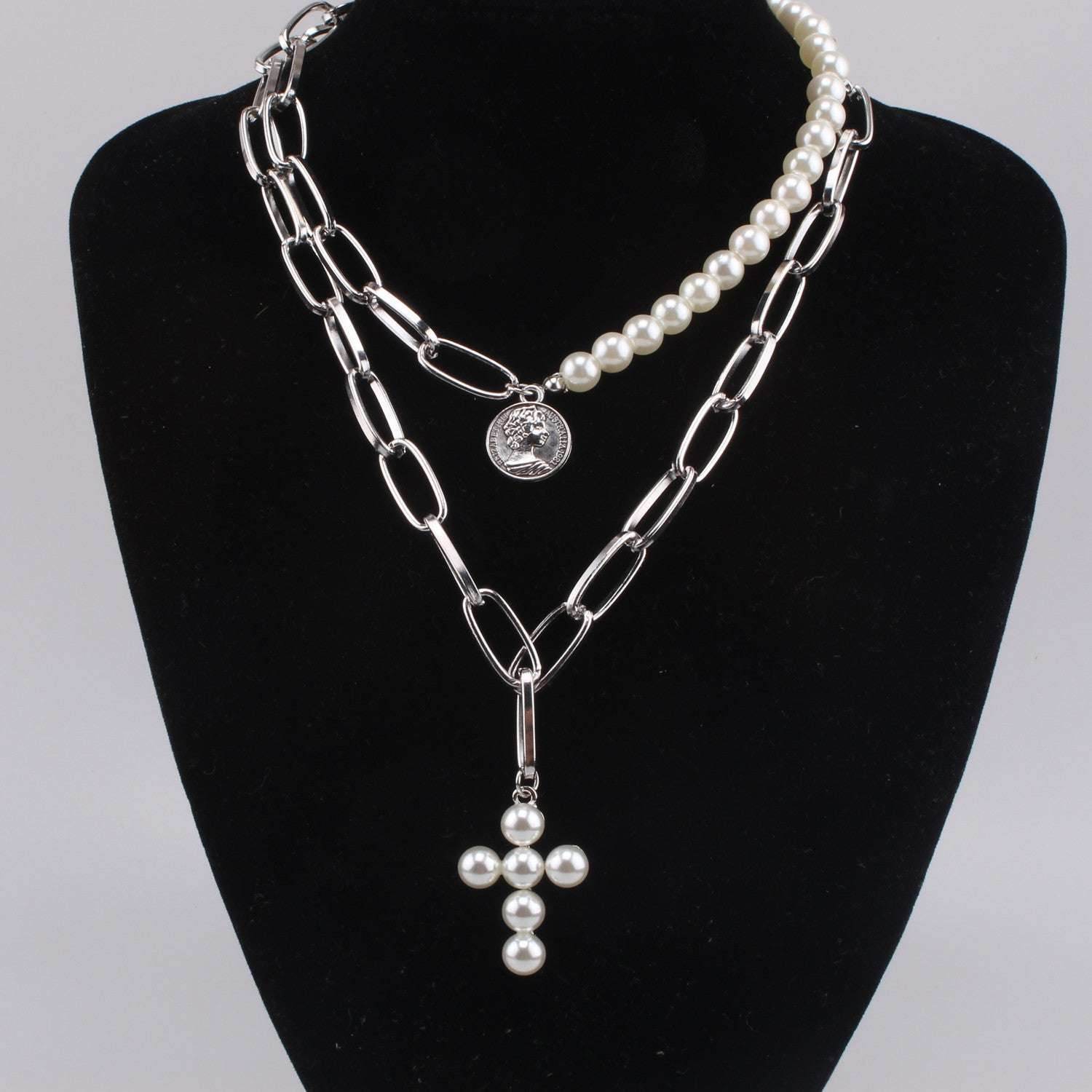 Luxury Design Imitation Pearls Choker Necklace Female Cross Pendant Necklaces for Women Gold Color Fashion Coin Jewelry - Mubimart