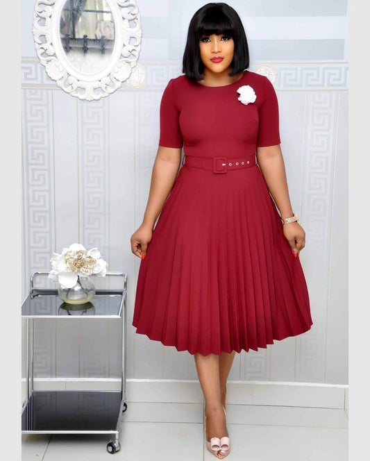 Round Neck Plus Size Mother's Dress Female Pleated Dress - Mubimart