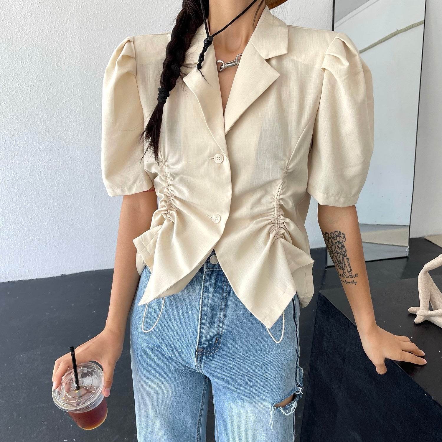 French V-Drawstring Folded Waist Blouse Women's Suit Collar Top Bubble Short Sleeve - Mubimart