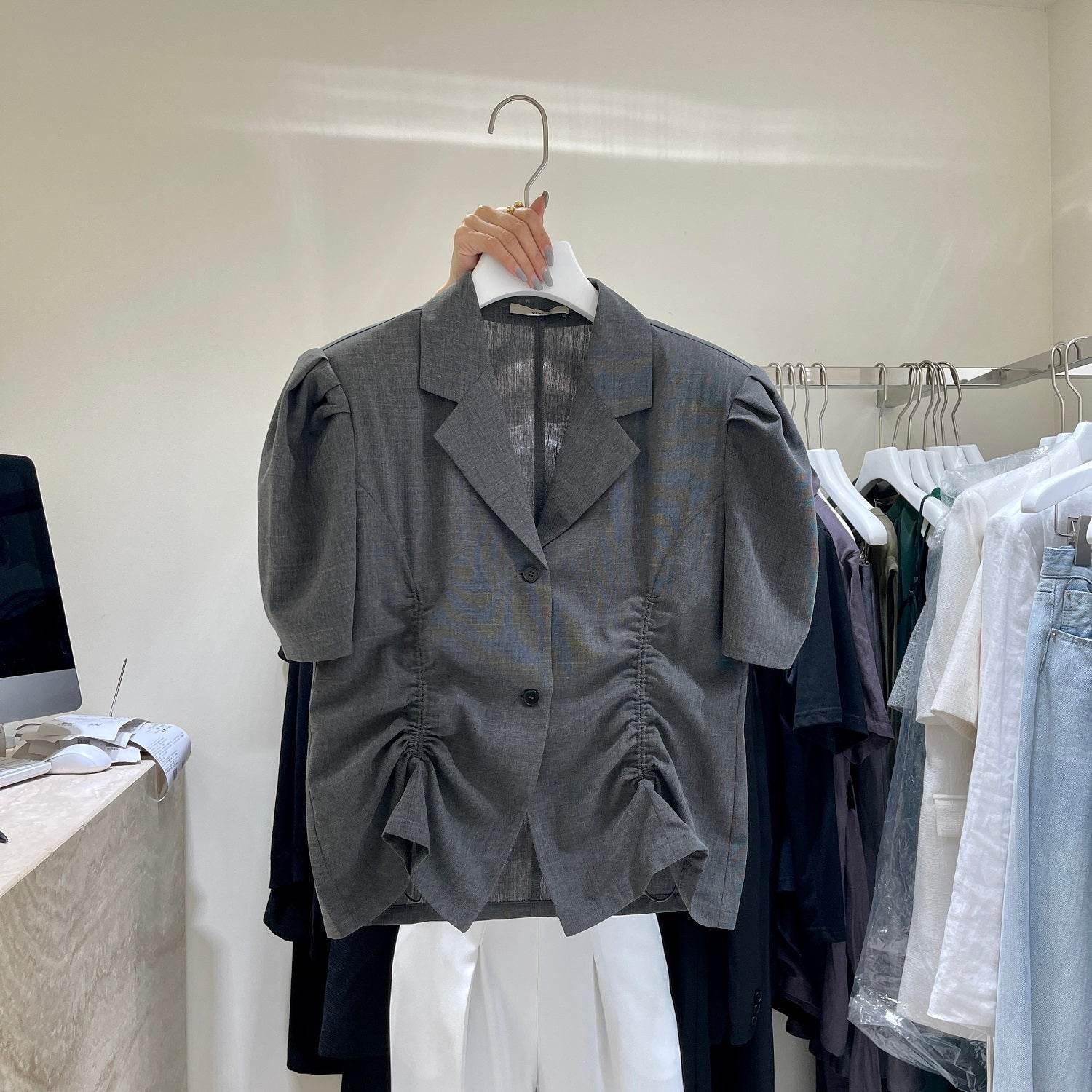 French V-Drawstring Folded Waist Blouse Women's Suit Collar Top Bubble Short Sleeve - Mubimart
