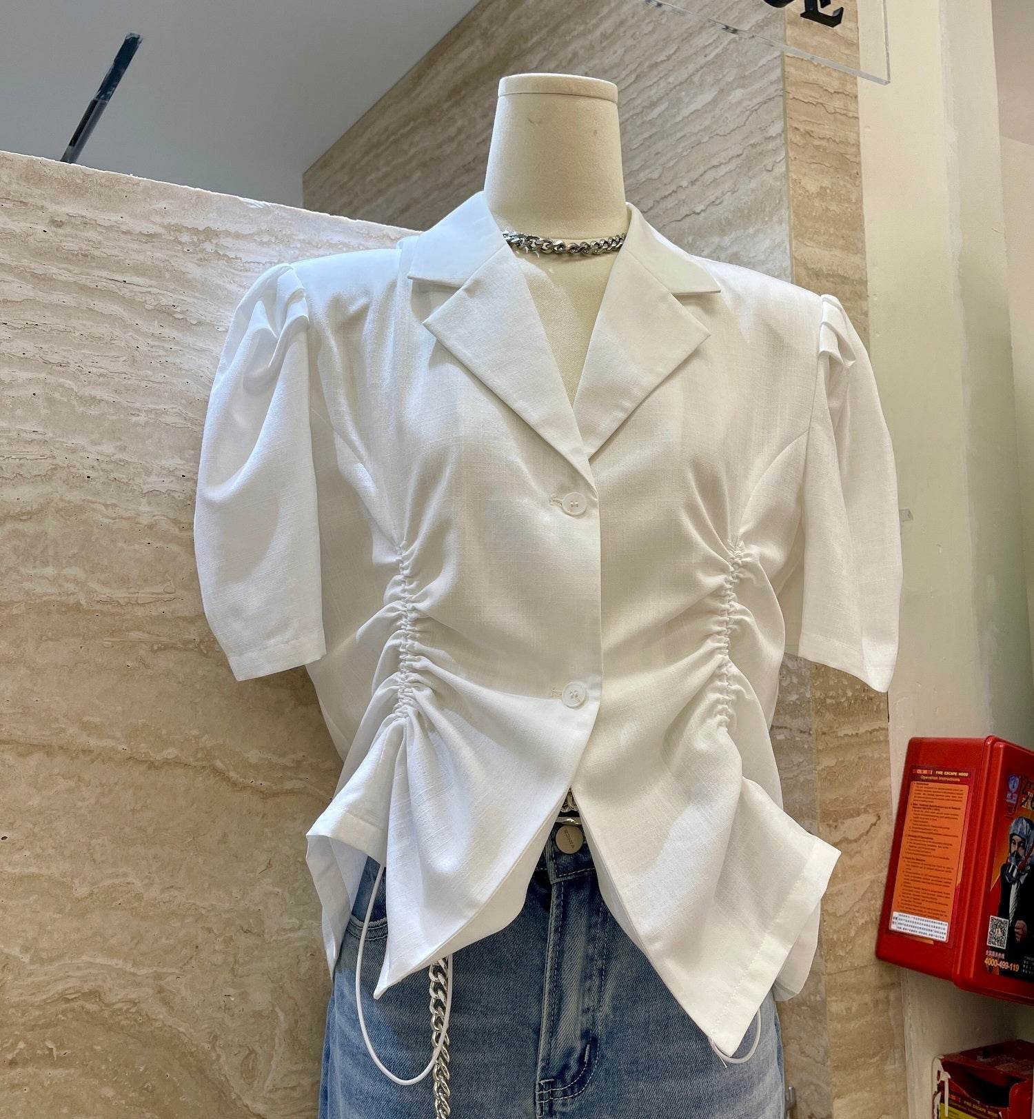 French V-Drawstring Folded Waist Blouse Women's Suit Collar Top Bubble Short Sleeve - Mubimart