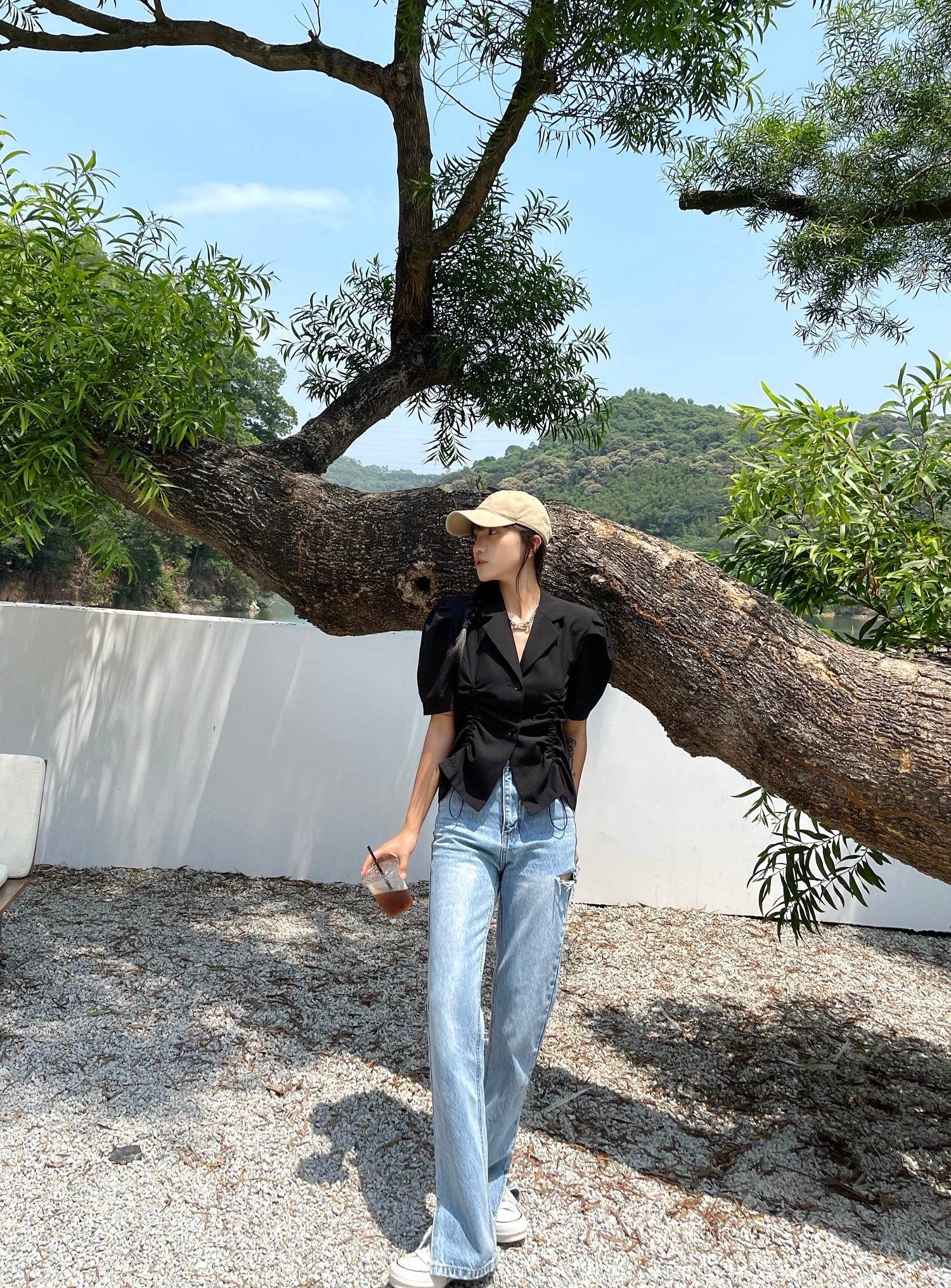 French V-Drawstring Folded Waist Blouse Women's Suit Collar Top Bubble Short Sleeve - Mubimart