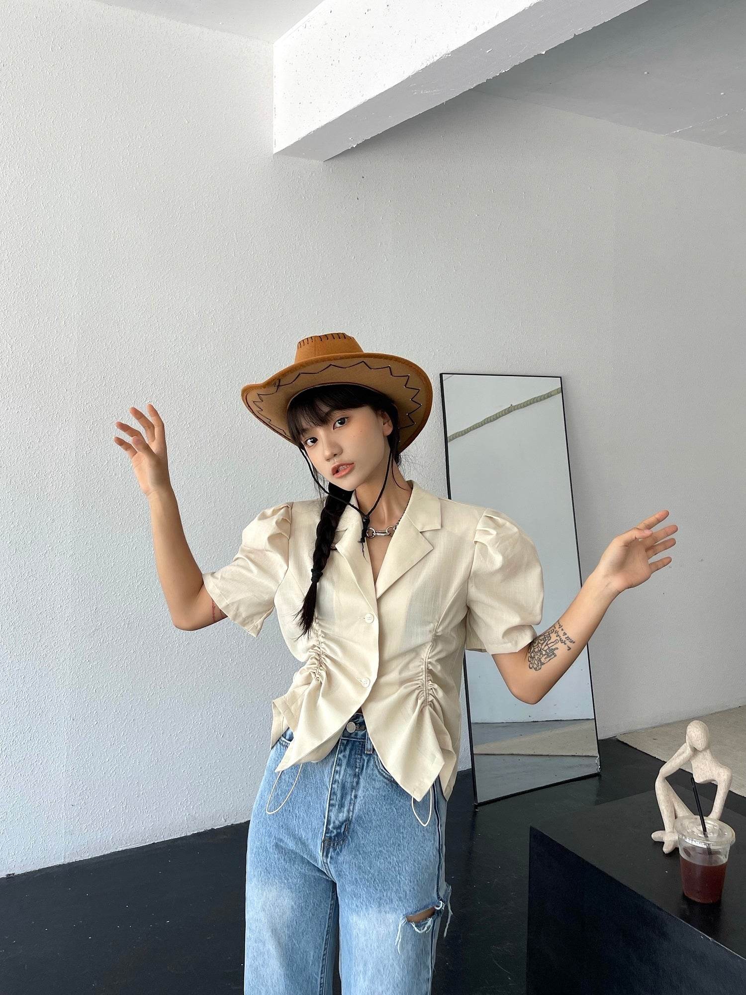 French V-Drawstring Folded Waist Blouse Women's Suit Collar Top Bubble Short Sleeve - Mubimart