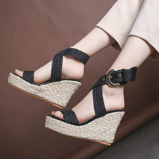 Large Size Wedge Sandals Women's Solid Color Linen High Heels - Mubimart