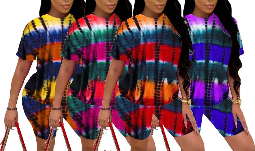 Tie-Dye Printed Pajama Sets Womens Summer Slim Casual Sleep Short Sleeve Shorts Sports Suit Loungewear Women Pigiama Donna - Mubimart