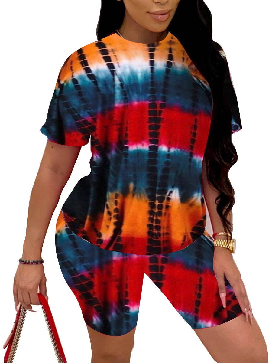 Tie-Dye Printed Pajama Sets Womens Summer Slim Casual Sleep Short Sleeve Shorts Sports Suit Loungewear Women Pigiama Donna - Mubimart