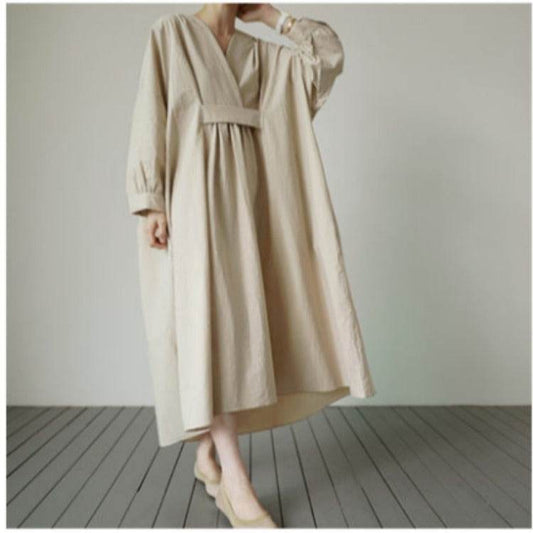 Loose Plus Size Dress Korean Version Over The Knee Long Pullover Shirt Temperament College Style Female V-neck Base Skirt - Mubimart