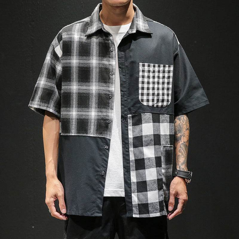 Plaid Shirt Loose Contrast Color Asymmetric Stitching Shirt Jacket - Mubimart