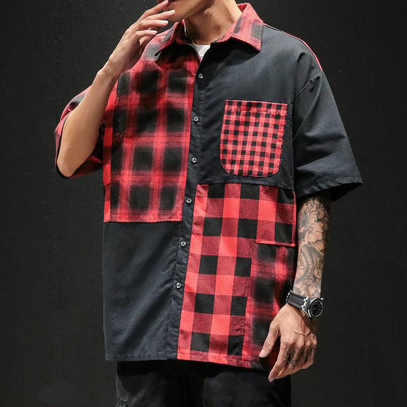 Plaid Shirt Loose Contrast Color Asymmetric Stitching Shirt Jacket - Mubimart