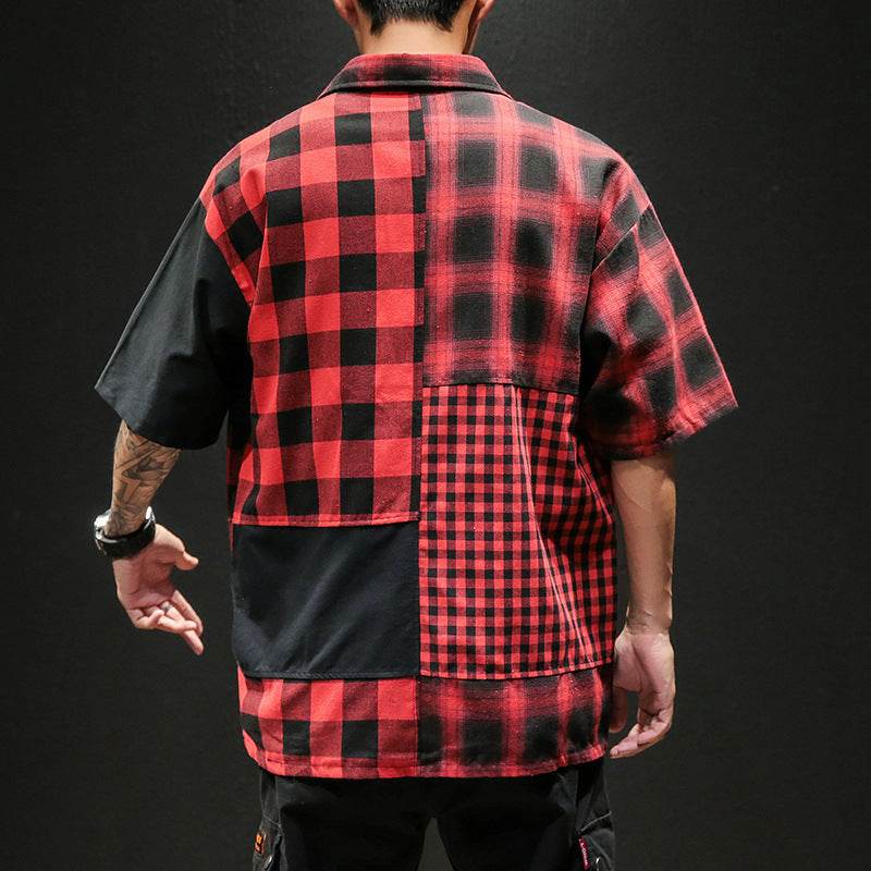 Plaid Shirt Loose Contrast Color Asymmetric Stitching Shirt Jacket - Mubimart