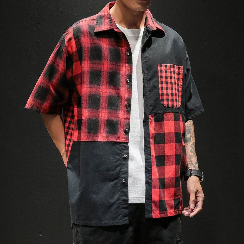 Plaid Shirt Loose Contrast Color Asymmetric Stitching Shirt Jacket - Mubimart