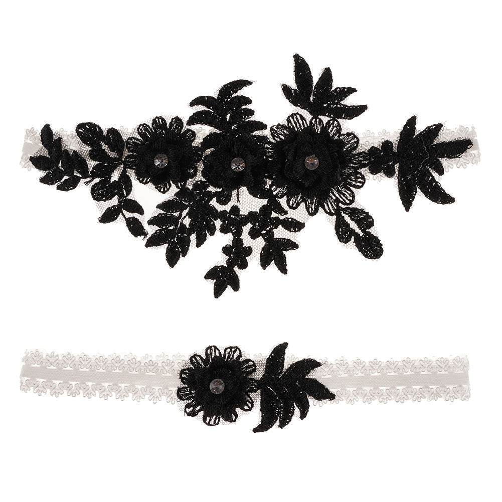 Original Handmade Bridal Lace Garter Belt With Rhinestone Flowers - Mubimart