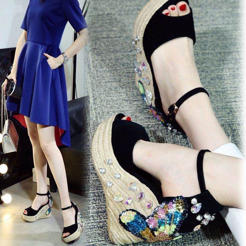 Wedge Heel Rhinestone Sandals Women Summer Fashion Fish Mouth High Heels - Mubimart