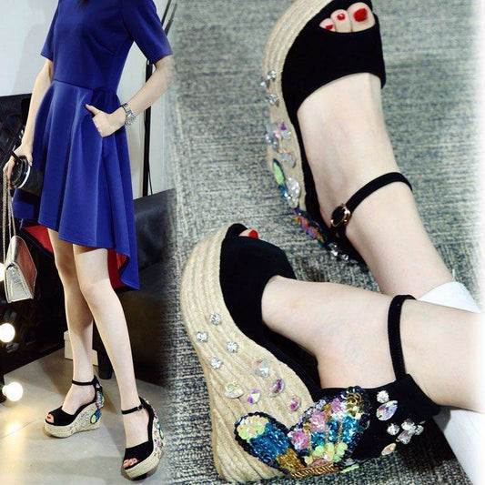 Wedge Heel Rhinestone Sandals Women Summer Fashion Fish Mouth High Heels - Mubimart