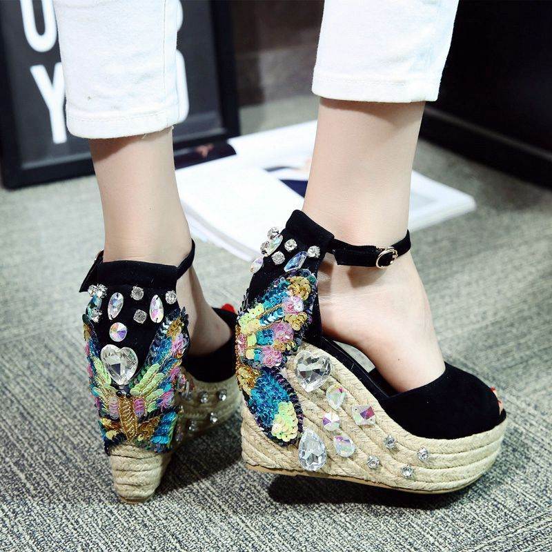 Wedge Heel Rhinestone Sandals Women Summer Fashion Fish Mouth High Heels - Mubimart