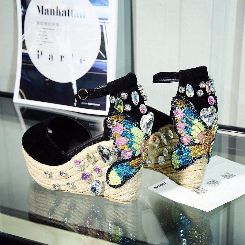 Wedge Heel Rhinestone Sandals Women Summer Fashion Fish Mouth High Heels - Mubimart