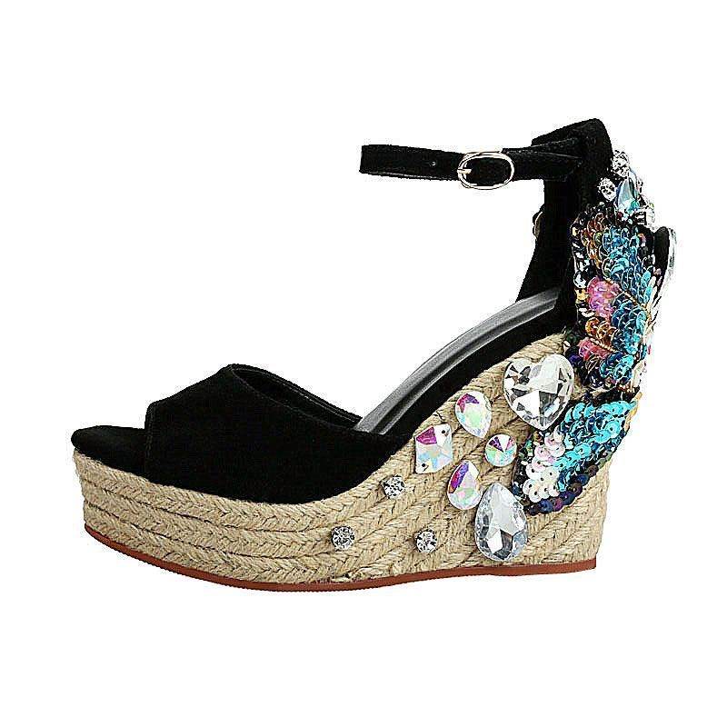 Wedge Heel Rhinestone Sandals Women Summer Fashion Fish Mouth High Heels - Mubimart
