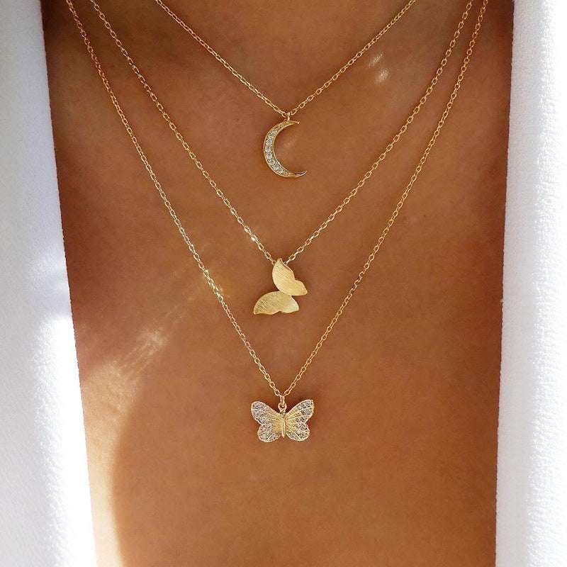 17KM-Multilayer Butterfly Pearl Necklace For Women Gold Pearl Choker Sun Star Jewelry Gift - Mubimart