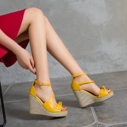 Womens Shoes Buckle Female Blue Denim Thick Heel Pointed Toe Wedges Casual Work Shoes - Mubimart