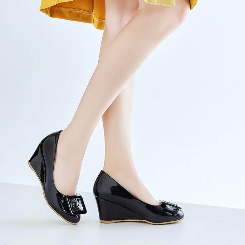 Bright Leather Wedding Shoes Bridesmaid Work Wedge Heel - Mubimart