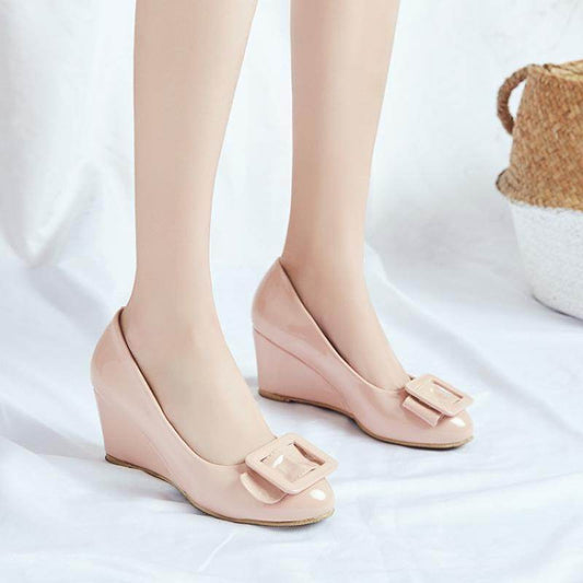 Bright Leather Wedding Shoes Bridesmaid Work Wedge Heel - Mubimart