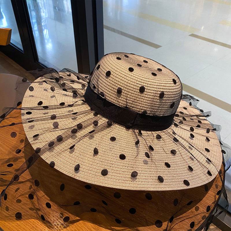 Wide Brim Beach Polka Dot Mesh Large Oversized Straw Hats For Women - Mubimart