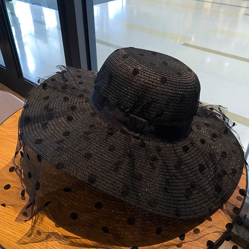 Wide Brim Beach Polka Dot Mesh Large Oversized Straw Hats For Women - Mubimart