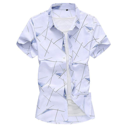 Men Short Sleeve Cotton Flower Shirt Mens Dress Shirts - Mubimart