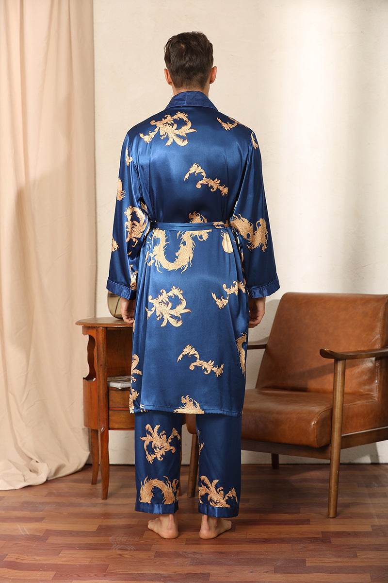 Luxury Silk Robe Pants Pajama Set Two-piece Imitate Silk Long-sleeved Pajamas Large Size Bathrobes Robe Sets For Men Clothing - Mubimart