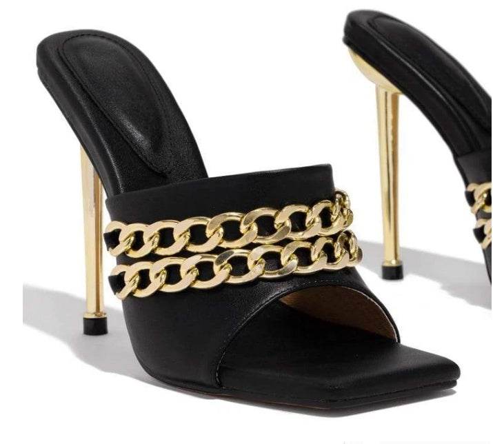 Womens Sandals Shoes Mules Thin High Heels Square Toe Slippers - Mubimart