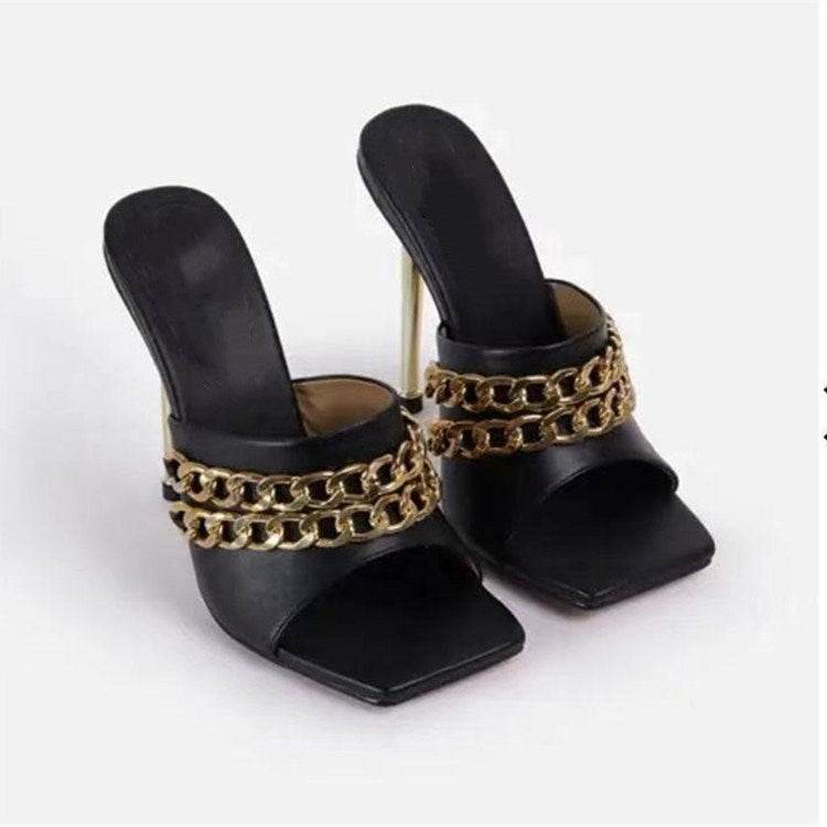 Womens Sandals Shoes Mules Thin High Heels Square Toe Slippers - Mubimart
