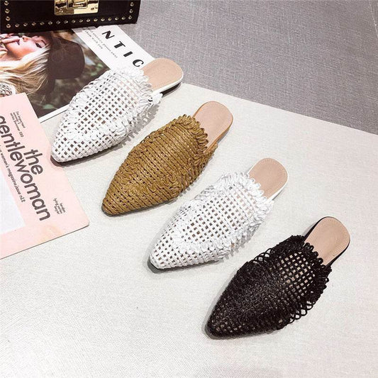 Womens Flats Shoes Mules Rattan Slippers Hollow Slipper Pointed Toe - Mubimart