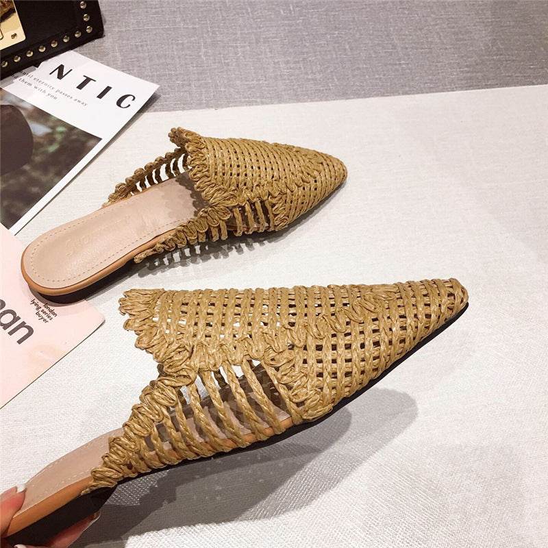 Womens Flats Shoes Mules Rattan Slippers Hollow Slipper Pointed Toe - Mubimart