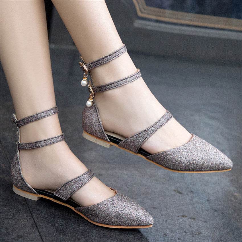 Womens Flats Shoes Ballet Dorsay Ankle Strap Glitter Sparkle - Mubimart
