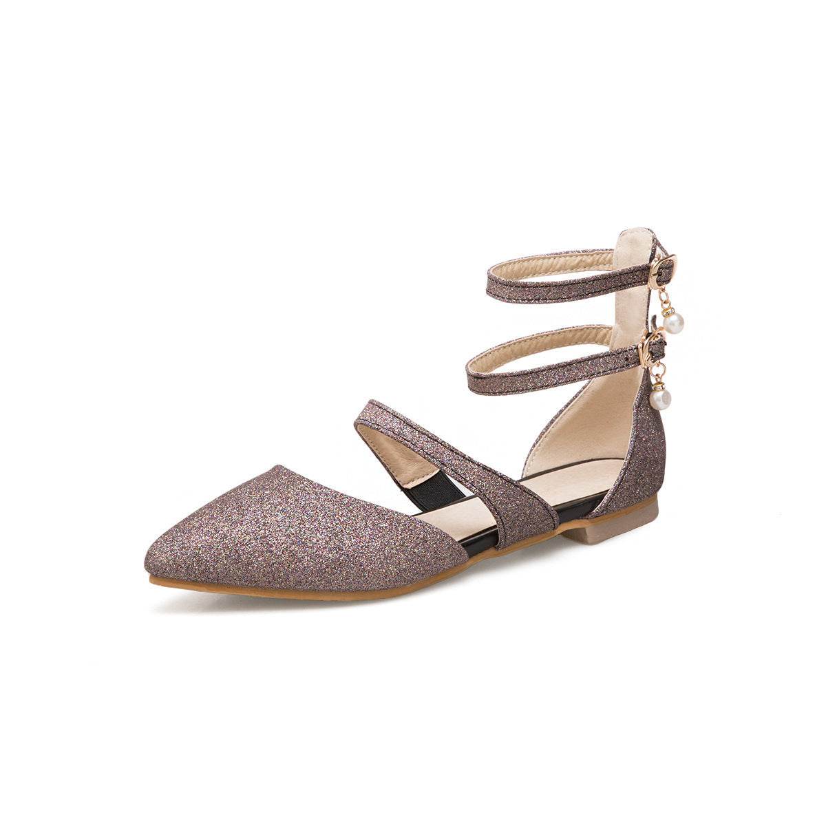 Womens Flats Shoes Ballet Dorsay Ankle Strap Glitter Sparkle - Mubimart