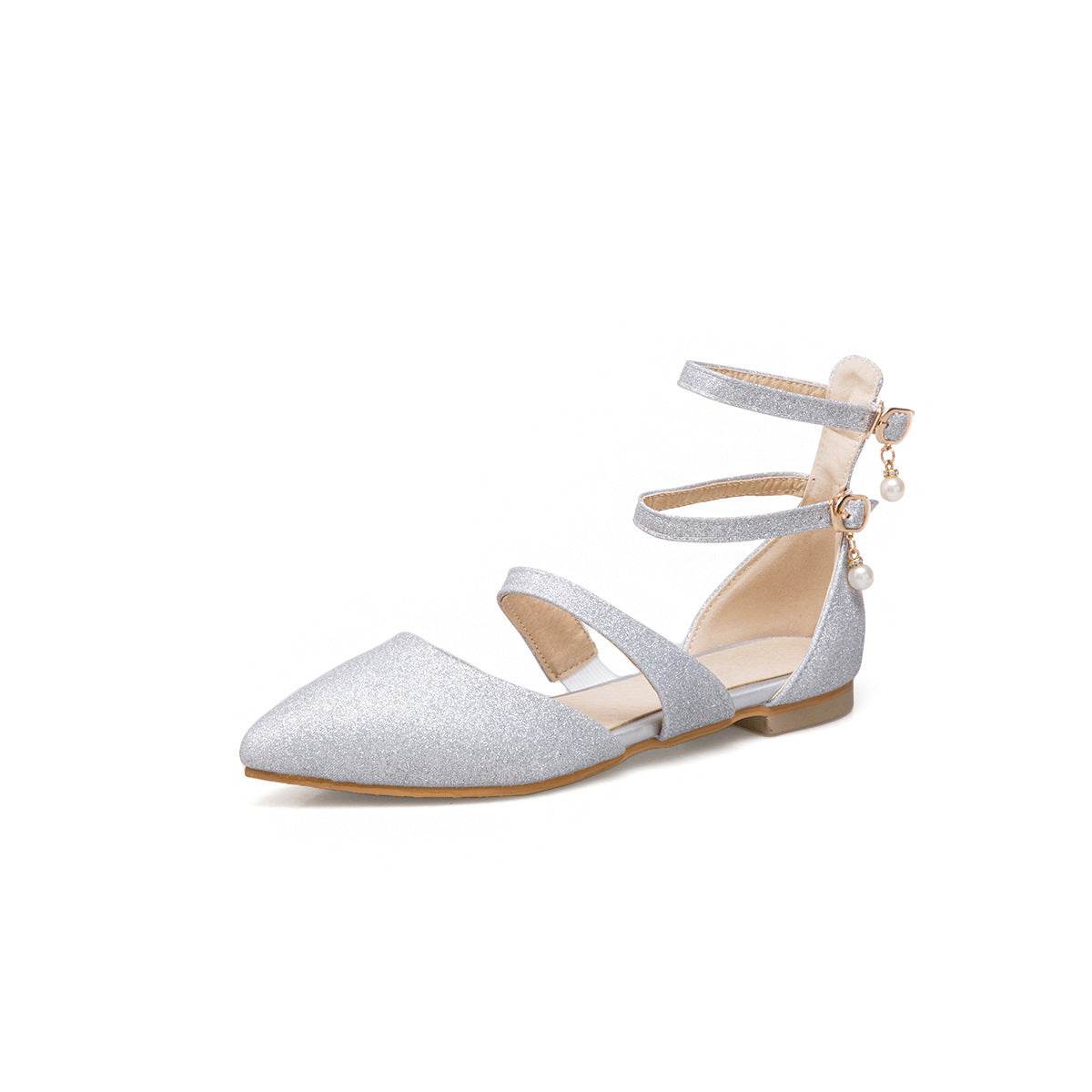 Womens Flats Shoes Ballet Dorsay Ankle Strap Glitter Sparkle - Mubimart