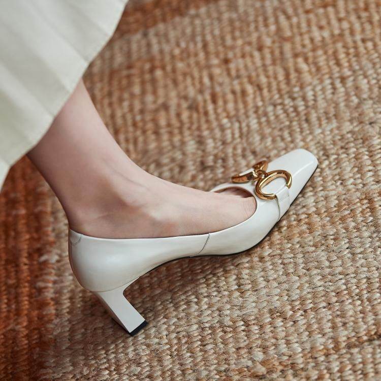 Retro Square Toe Patent Leather OL Work High Heels New Niche Single Shoes Women - Mubimart