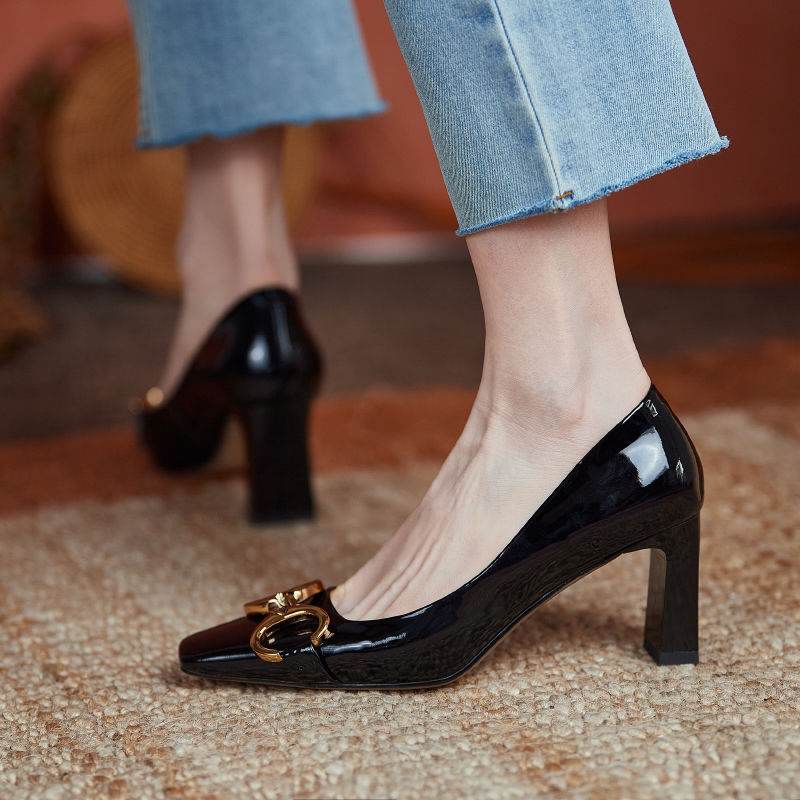 Retro Square Toe Patent Leather OL Work High Heels New Niche Single Shoes Women - Mubimart