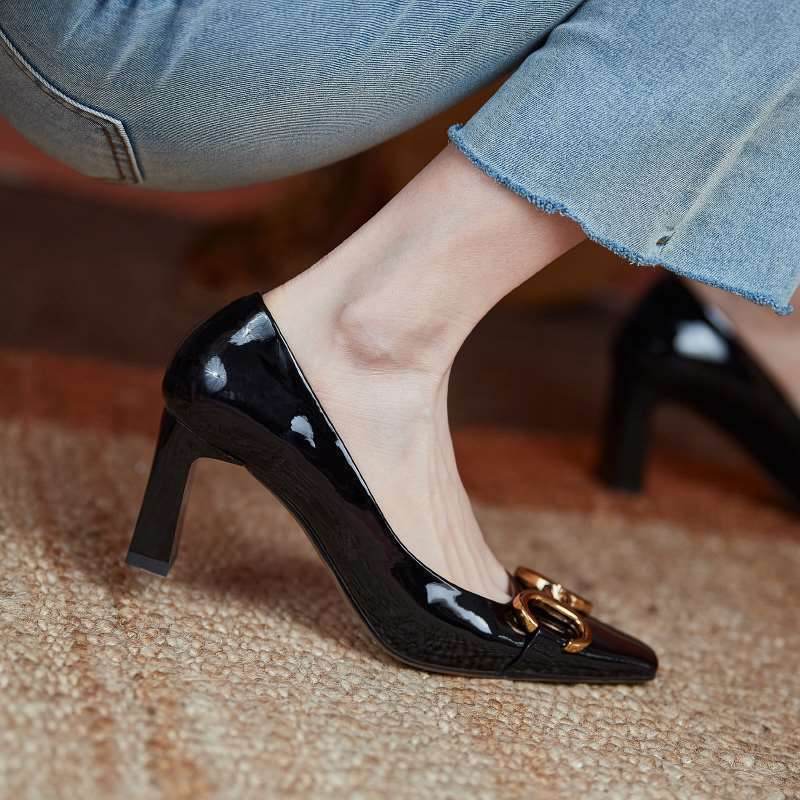 Retro Square Toe Patent Leather OL Work High Heels New Niche Single Shoes Women - Mubimart