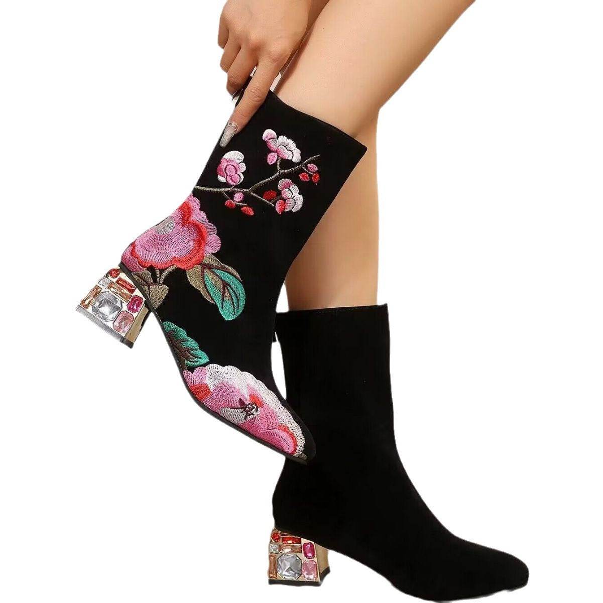 Flower Mid-calf Vintage Embroidery Autumn And Winter Women's Boots - Mubimart