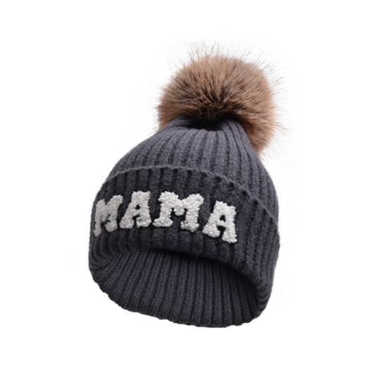 Letter MAMA Woolen Cap Outdoor Fur Ball Warm Hat