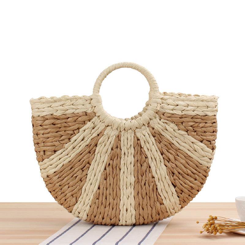 Round Straw Bags Women Summer Rattan Bag Handmade Woven Beach Cross Body Bag - Mubimart