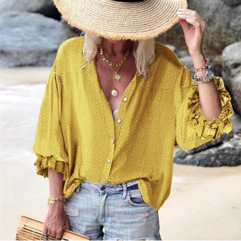 Small dot casual button down blouse for women - Mubimart