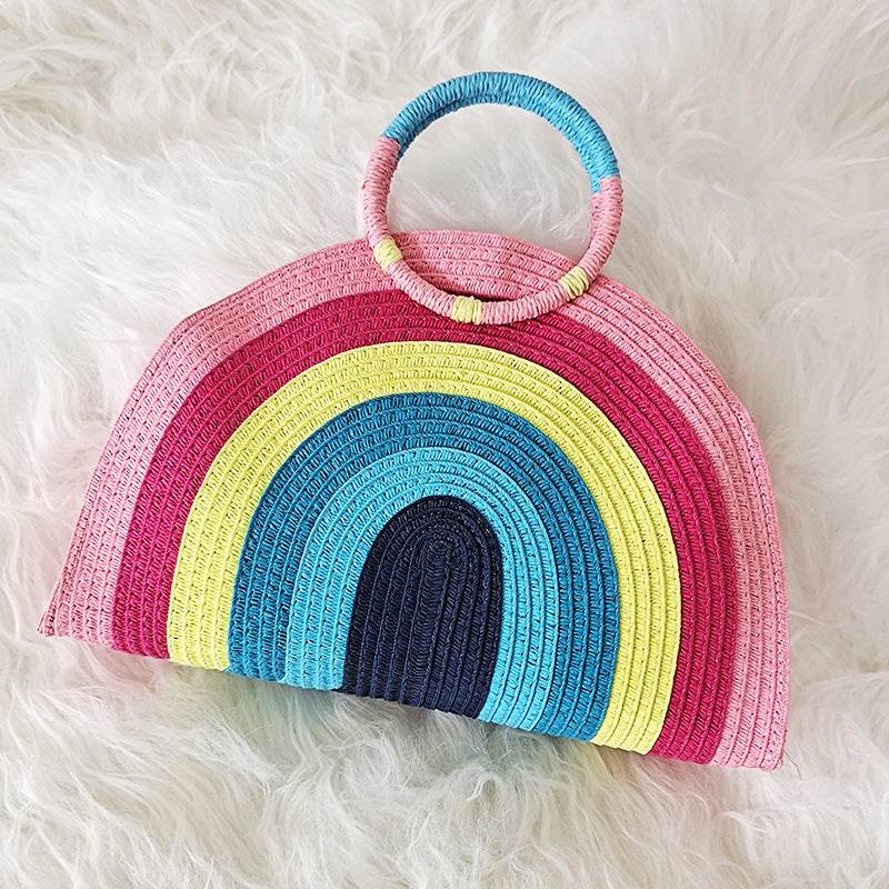 Rainbow portable straw woven bag beach women bag - Mubimart