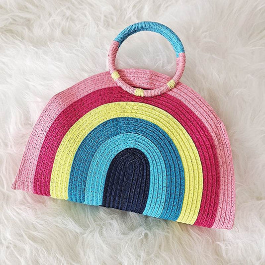 Rainbow portable straw woven bag beach women bag - Mubimart